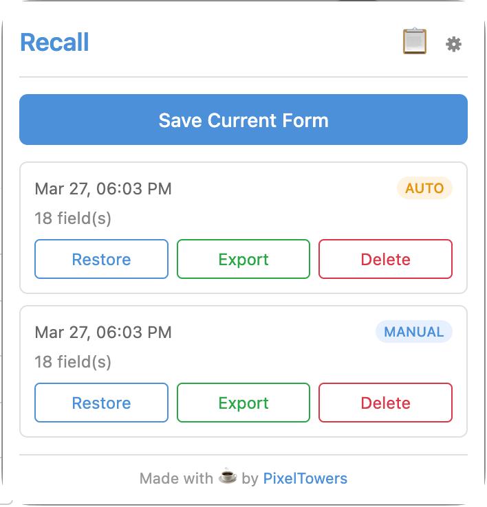 Recall popup — saved snapshots