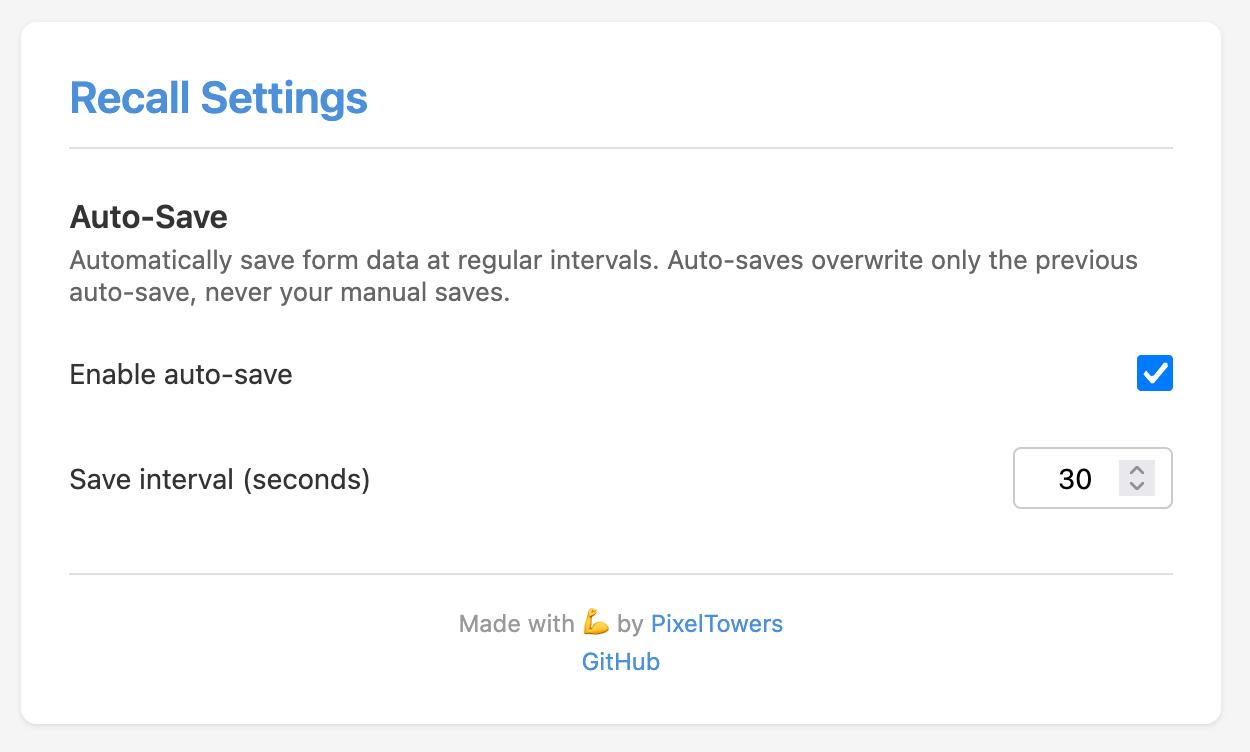 Recall settings — auto-save configuration